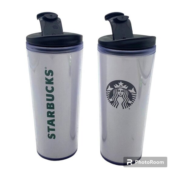 Starbucks Coffee Travel Tumbler Mug 16oz‎ Flip Top Lot of 2 Mermaid Spellout - Picture 1 of 14